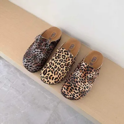 Birkenstock Boston Leopard Print Calf Hair Clogs Mules