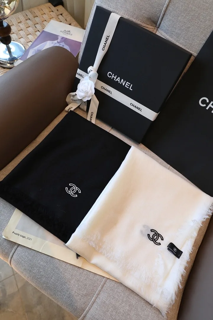 Chanel Cashmere Shawl Double C Embroidery Fringe Scarf