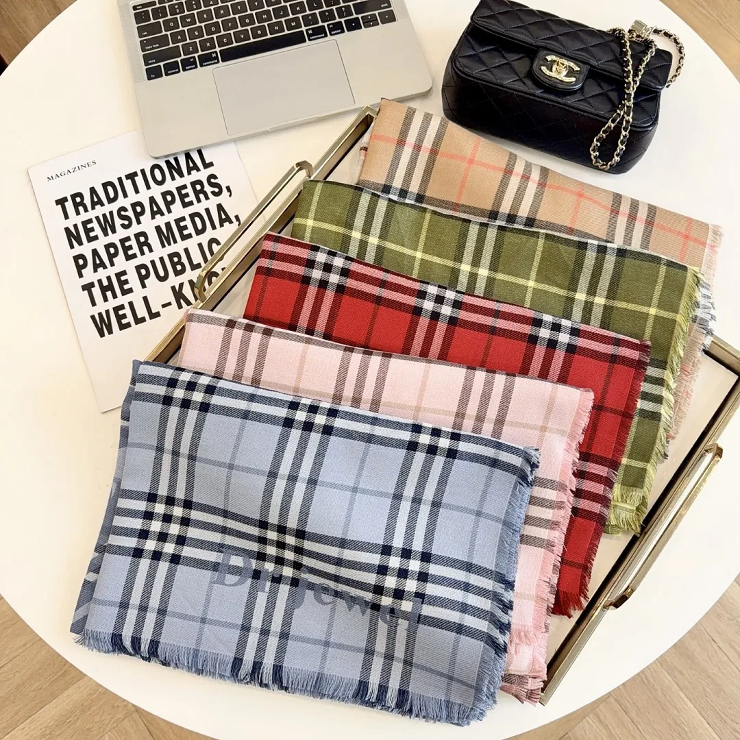 Burberry Plaid Wool Silk Blend Scarf Equestrian Logo Shawl