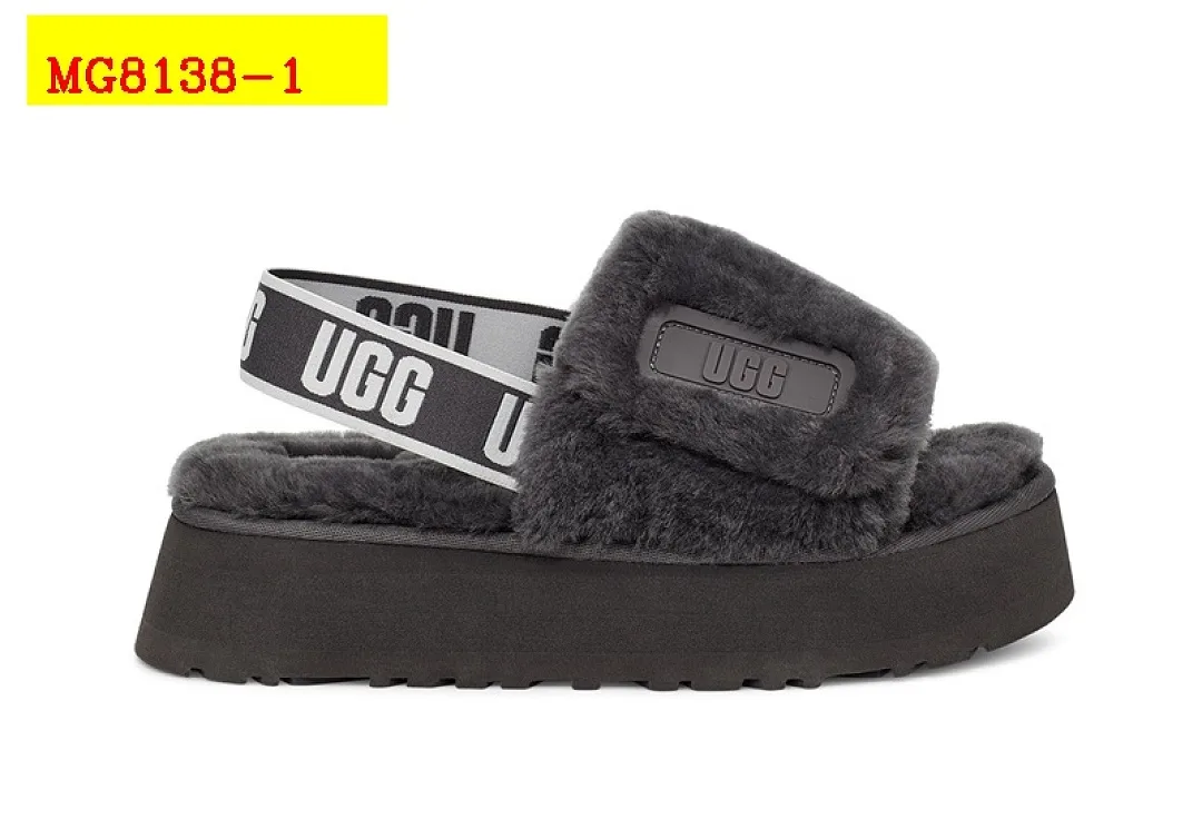 UGG Dark Grey Fur Platform Slingback Logo Strap Slide Sandals