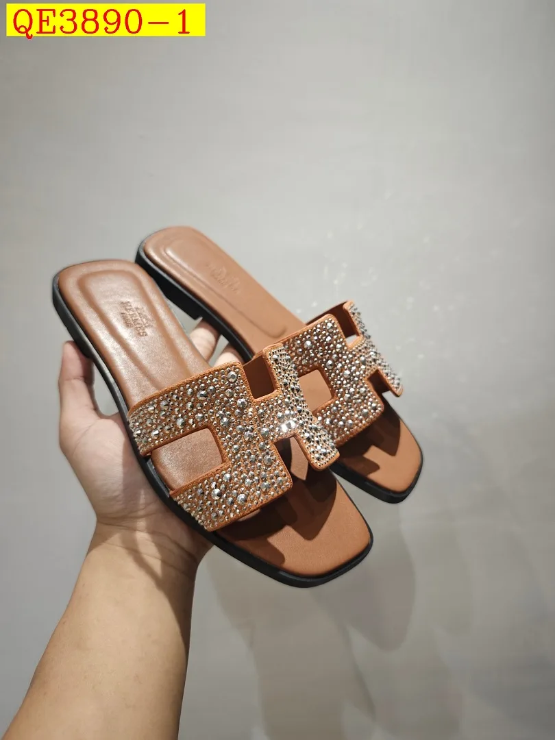 Hermes Oran Crystal Rhinestone H Flat Slide Saals Pink Sheepskin Insole