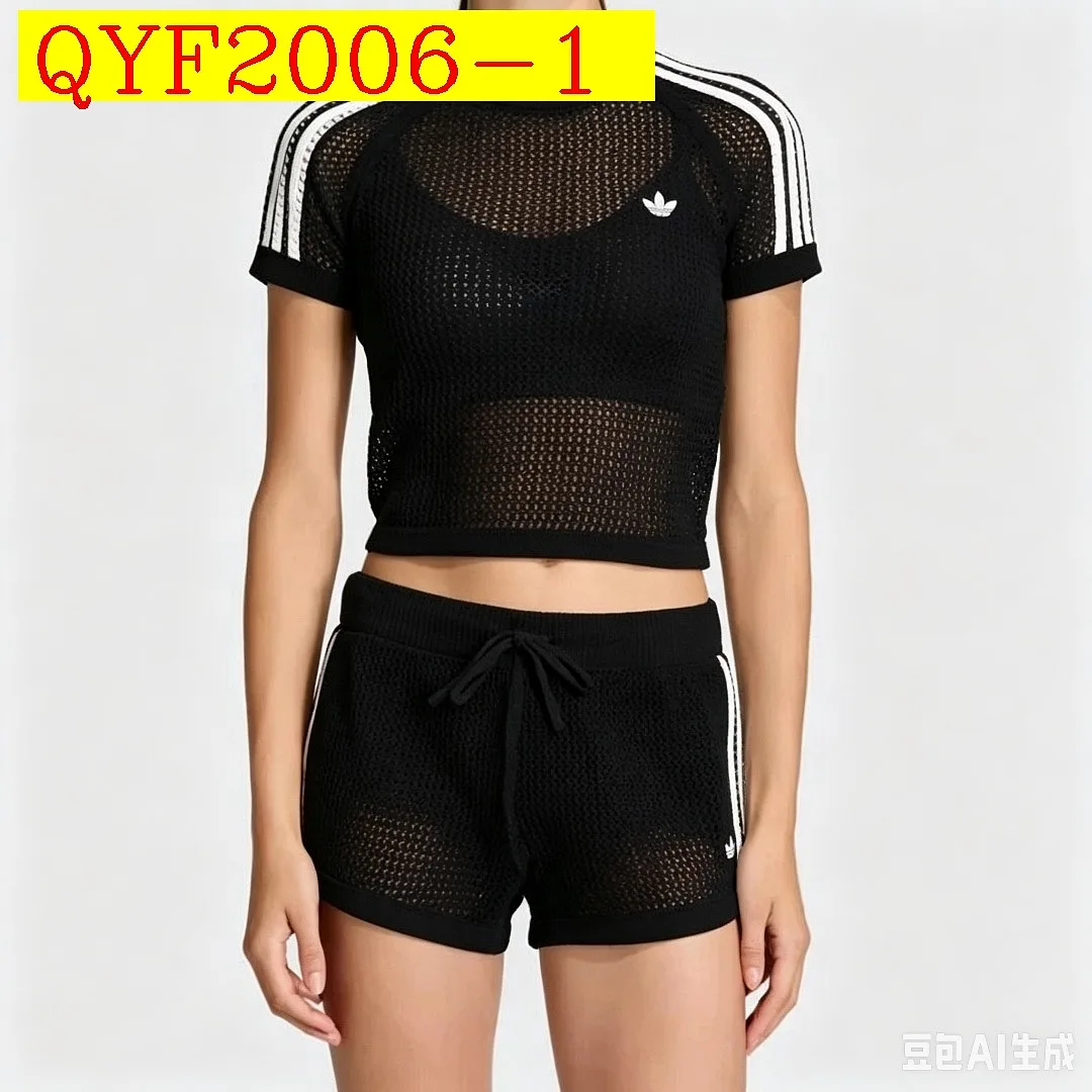 Adidas Originals Hollow Mesh Knit Short SleeveShorts 2 Piece Set
