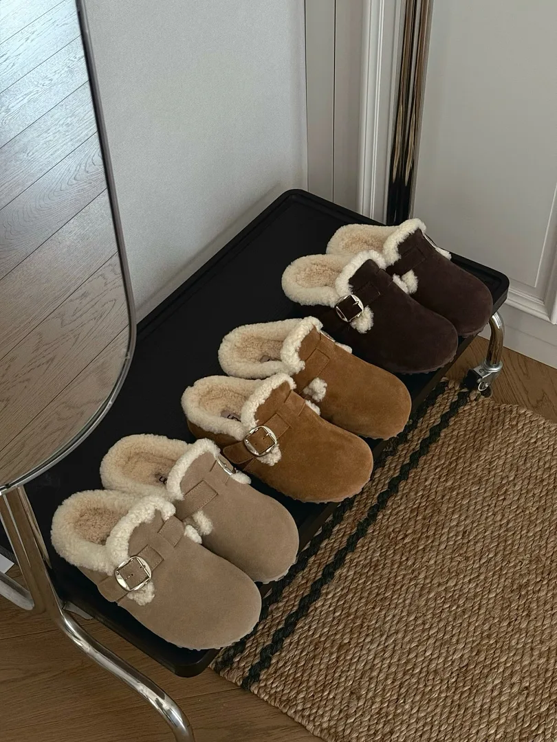UGG Retro Buckle Mule Slippers Wool Lined Hidden Platform Slide Shoes