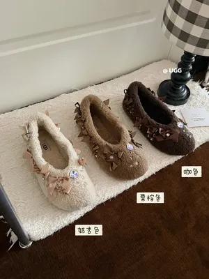 UGG Womens Fluffy Bow Rhinestone Wool Ballet Flats