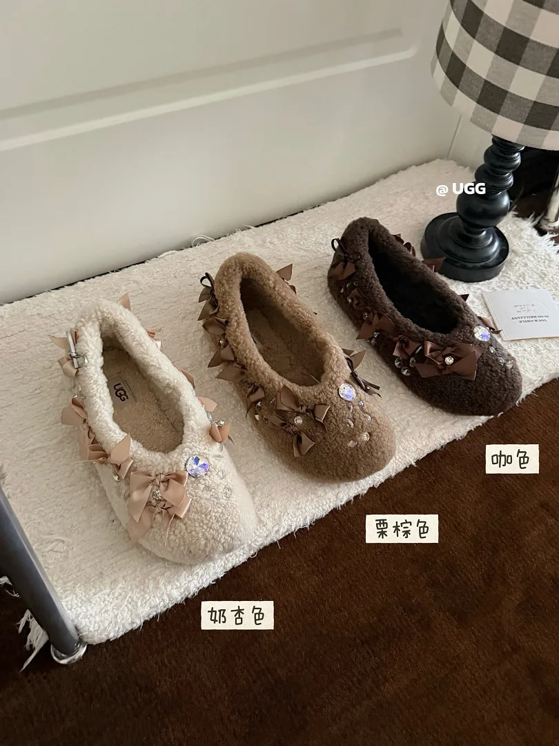 UGG Womens Fluffy Bow Rhinestone Wool Ballet Flats