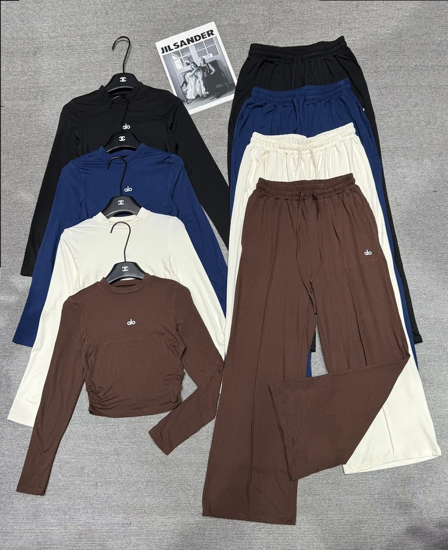 Alo Yoga LWZ8221 Long Sleeve Crop Top And Wide Leg Pants 2 Piece Set